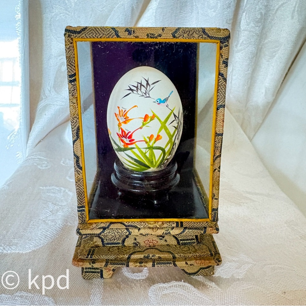 Hand Painted Decorative Egg in Brocade Case – Floral Bird